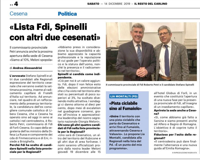 Il Resto del Carlino pubblica la candidatura di Stefano Spinelli